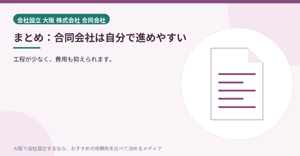 まとめ:合同会社は自分で進めやすい/大阪の会社設立の代行を比べる