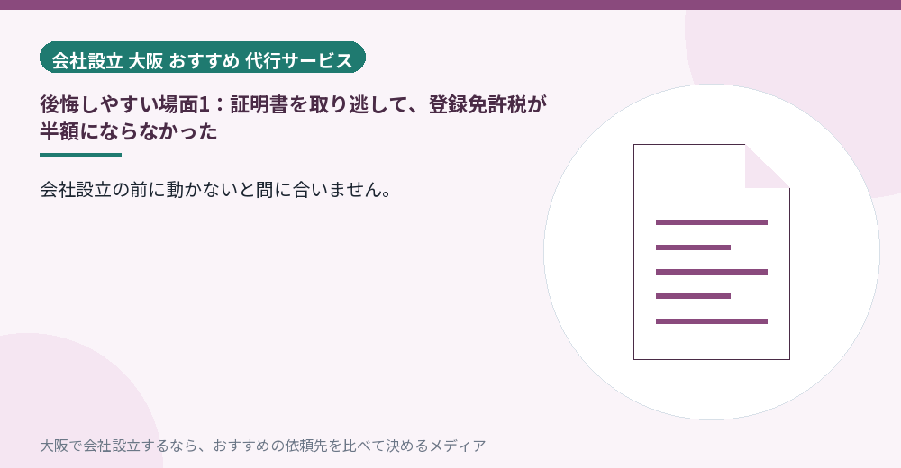 後悔しやすい場面1：証明書を取り逃して、登録免許税が半額にならなかった／大阪の会社設立の代行を比べる