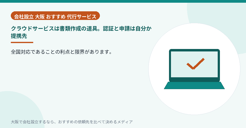 クラウドサービスは書類作成の道具。認証と申請は自分か提携先／大阪の会社設立の代行を比べる