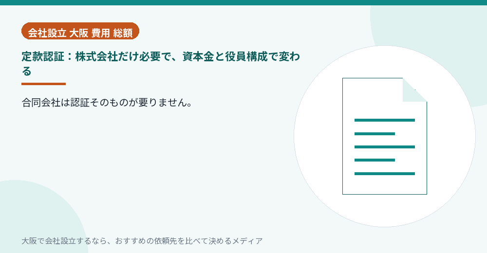 定款認証：株式会社だけ必要で、資本金と役員構成で変わる／大阪の会社設立の代行を比べる
