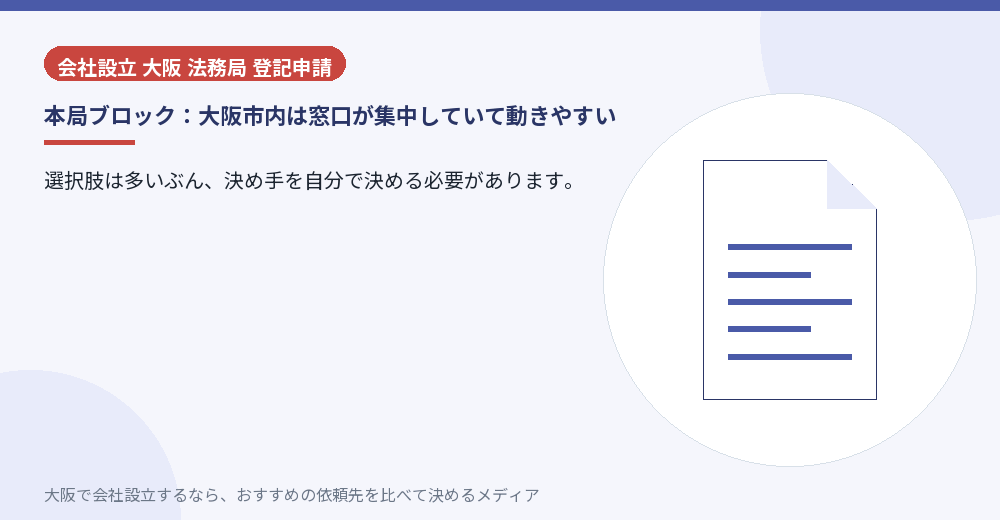 本局ブロック:大阪市内は窓口が集中していて動きやすい/大阪の会社設立の代行を比べる