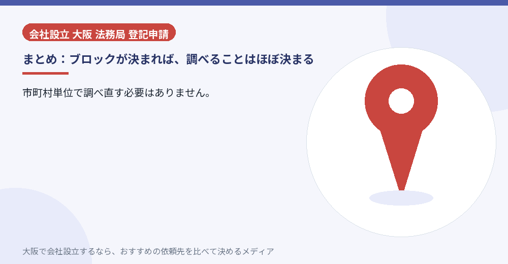 まとめ:ブロックが決まれば、調べることはほぼ決まる/大阪の会社設立の代行を比べる