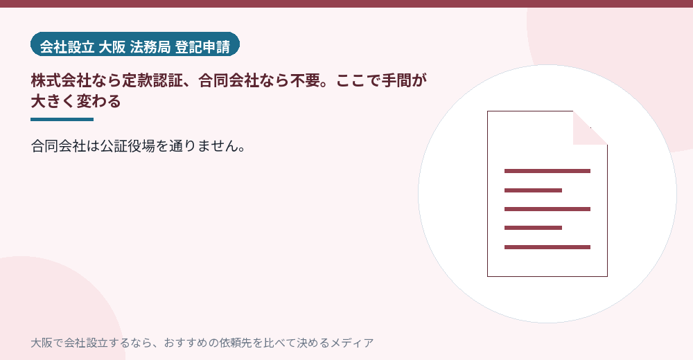 株式会社なら定款認証、合同会社なら不要。ここで手間が大きく変わる/大阪の会社設立の代行を比べる