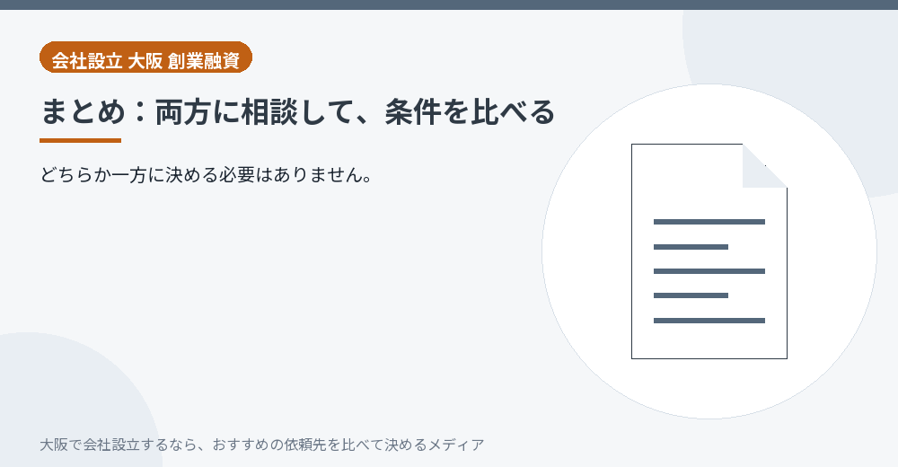 まとめ:両方に相談して、条件を比べる/大阪の会社設立の代行を比べる