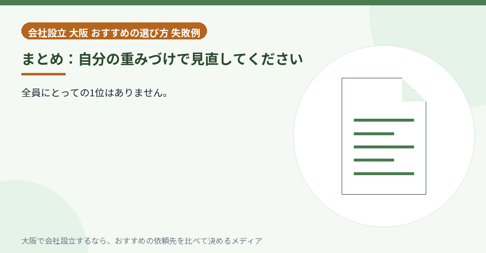 まとめ:自分の重みづけで見直してください/大阪の会社設立の代行を比べる
