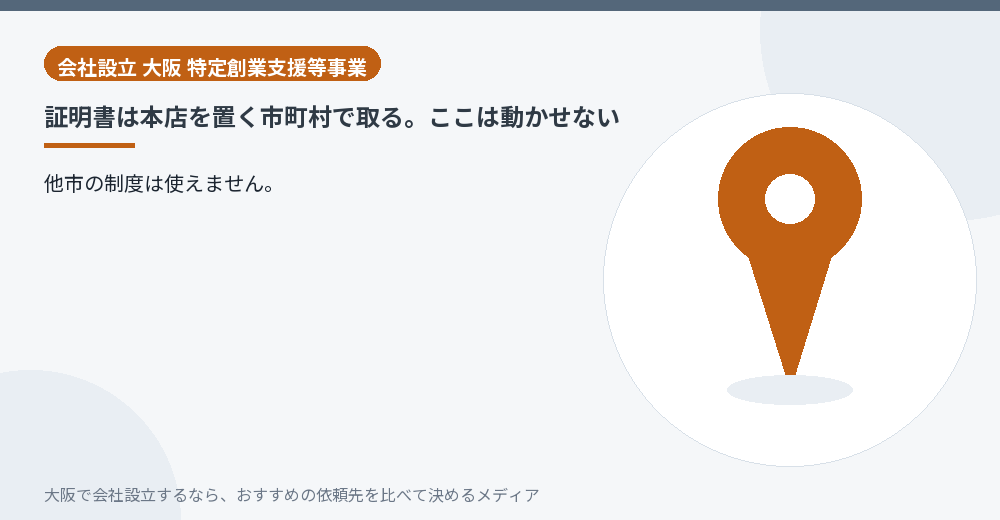 証明書は本店を置く市町村で取る。ここは動かせない／大阪の会社設立の代行を比べる
