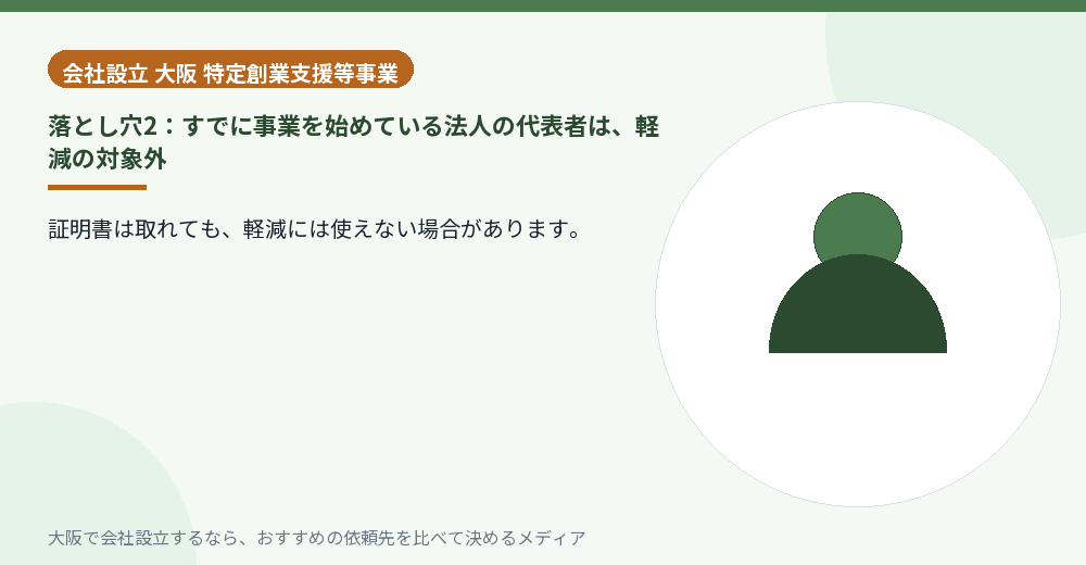 落とし穴2：すでに事業を始めている法人の代表者は、軽減の対象外／大阪の会社設立の代行を比べる