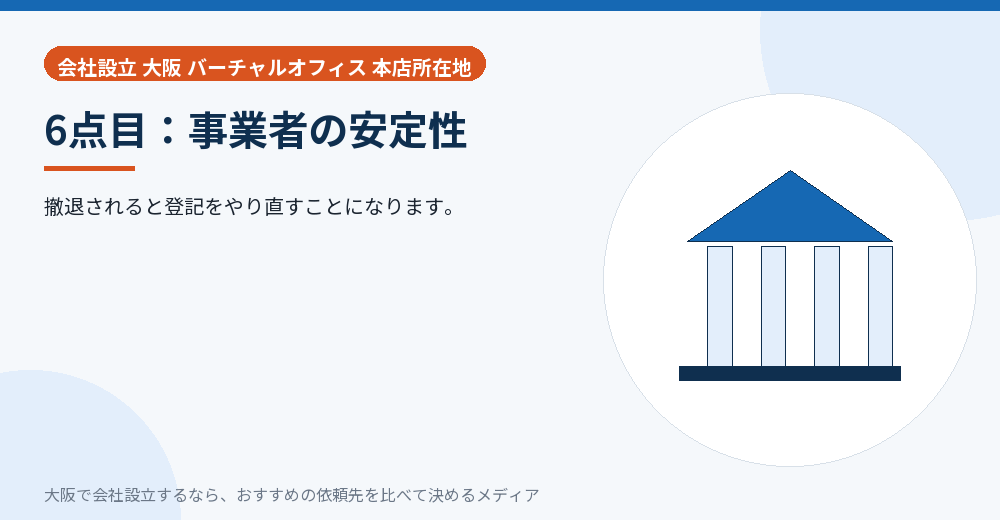 6点目：事業者の安定性／大阪の会社設立の代行を比べる